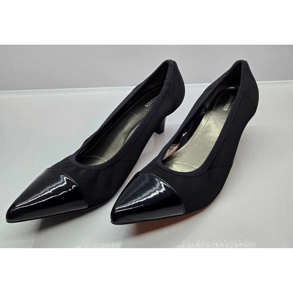 Ros Hommerson Keisha Black Fabric Patent Cap Toe Kitten Heel Pumps 9.5W